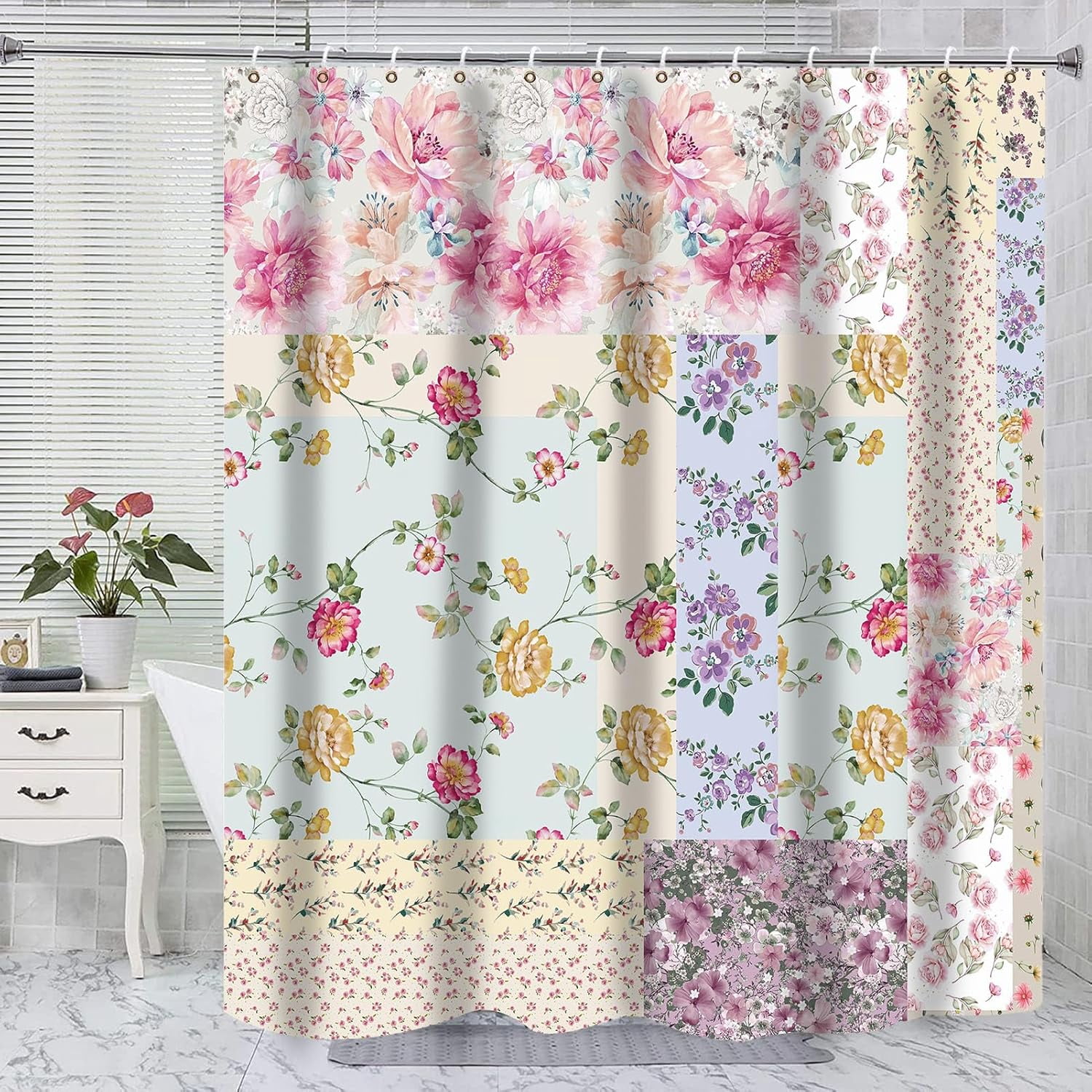 Boho Patchwork Shower Curtains for Bathroom, Bohemian Style Floral Shower  Curtain, Colorful Cute Country Waterproof Fabric for Farmhouse Bathroom ..., image size:1500x1500