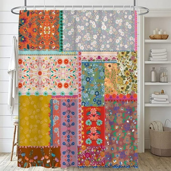 Boho Patchwork Shower Curtains for Bathroom Bohemian Style Stitching Colorful Floral Vintage Retro Shower Curtains Bathtubs Waterproof Fabric Curtain Set Decor with 12 Hooks 72x84 Inches