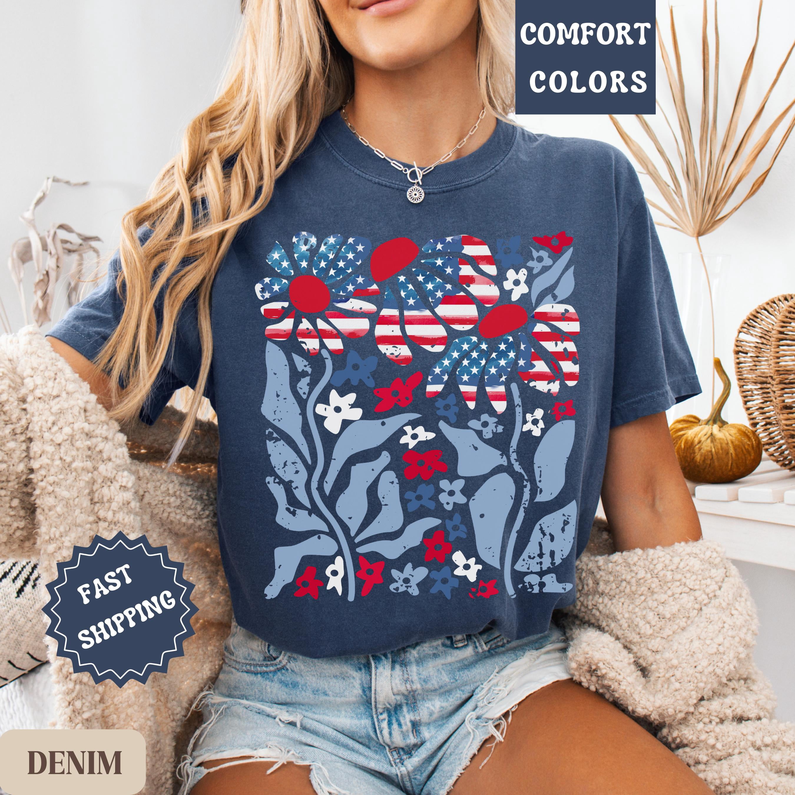 Boho Patriotic Daisy Shirt, American Flag Floral Tee, 4th of July USA ...