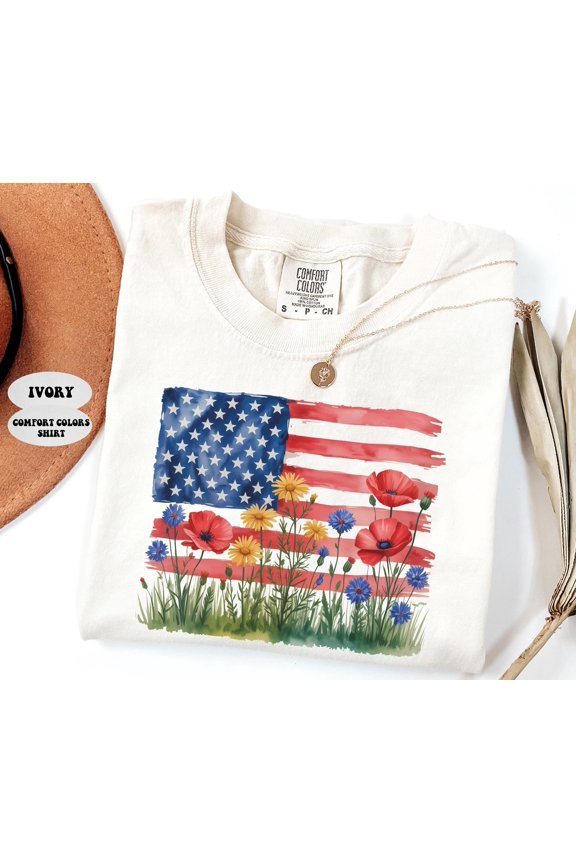 Boho Patriotic Floral American Flag Shirt 4th of July Wildflower Tee Red White Blue USA Gr