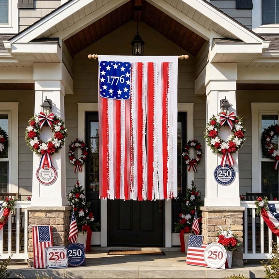 Boho Patriotic Rag Banner with LED Lights Lighted American Flag Rag Wall Hanging 4th of July USA 250th Anniversary Decor for Independence Day Memorial Day Farmhouse Porch and Party