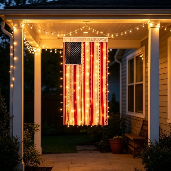 Boho Patriotic Rag Banner with LED Lights Lighted American Flag Rag Wall Hanging 4th of July USA 250th Anniversary Decor for Independence Day Memorial Day Farmhouse Porch and Party