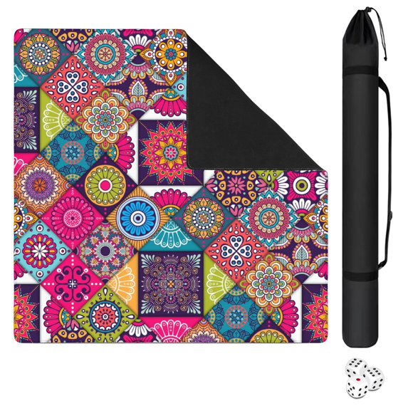 Boho Pattern Anti-Slip Rubber Game Table Mat 31.5x31.5 Inch Large Mahjong Pad with Quiet Surface for Tile Play Family Game Night and Card Games