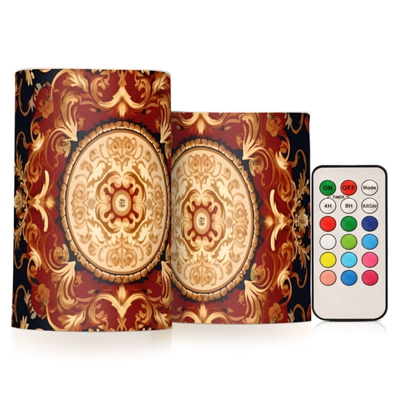 Boho Pattern Flameless CandlesLED Lights Battery Operated Candles with Remote and Timers Flicker Lights Votive Set of 2