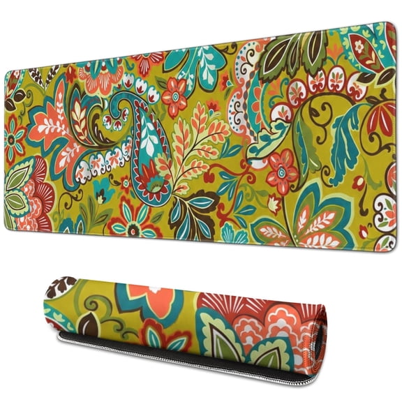 Boho Pattern Large Mouse Pad, Stitched Edge Extended Desk Mat with Non-Slip Rubber Base, Computer Keyboard Mat and Desk Protector for Gaming, Work, Home Office, 31.5 x 11.8 in