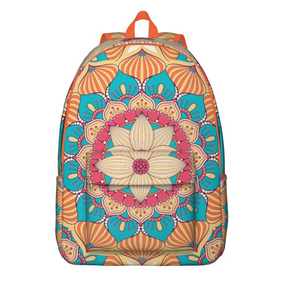 Boho Pattern Mandala School Backpack for Women, Sacred Ethnic Tribal Canvas Daypack with Symbolic Harmony Design