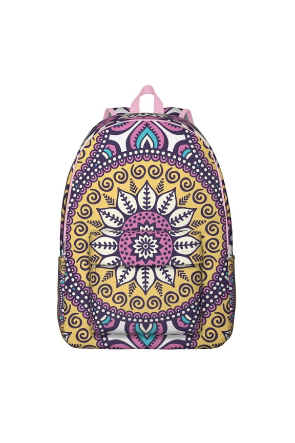 Boho Pattern Mandala School Backpack for Women, Sacred Ethnic Tribal Canvas Daypack with Symbolic Harmony Design