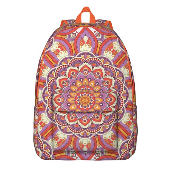 Boho Pattern Mandala School Backpack for Women, Sacred Ethnic Tribal Canvas Daypack with Symbolic Harmony Design