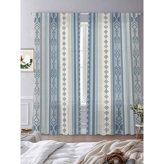 Boho Pattern on Retro Stripe Sheer Curtains 2 Panels Set Geometric Line on Blue Beige Lihgt Filtering Rod Pocket Voile Drape,Semi Sheer Window Curtains for Bedroom Living Room,52"x84"