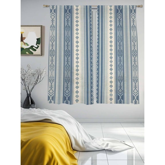 Boho Pattern on Retro Stripe Sheer Curtains 2 Panels Set Geometric Line on Blue Beige Lihgt Filtering Rod Pocket Voile Drape,Semi Sheer Window Curtains for Bedroom Living Room,52"x63"