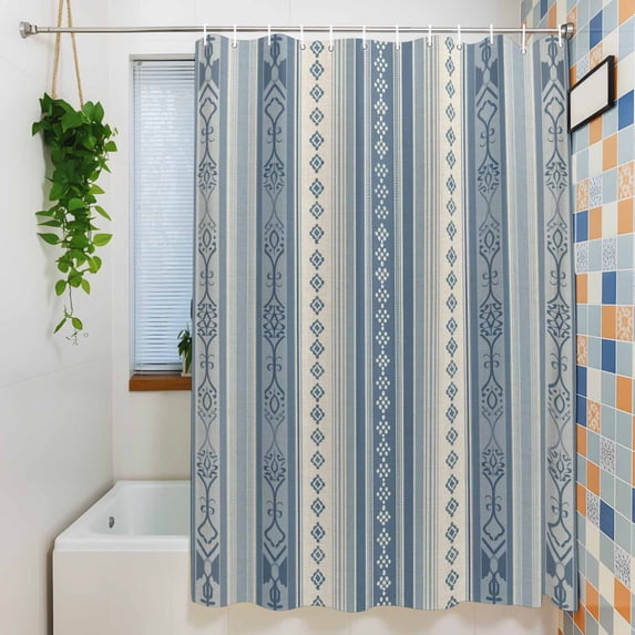 Boho Pattern on Retro Stripe Shower Curtain for Bathroom, Geometric Line on Blue Beige Waterproof Shower Curtains Washable Quick Dry with Hooks Bathtub Curtains 60x72IN
