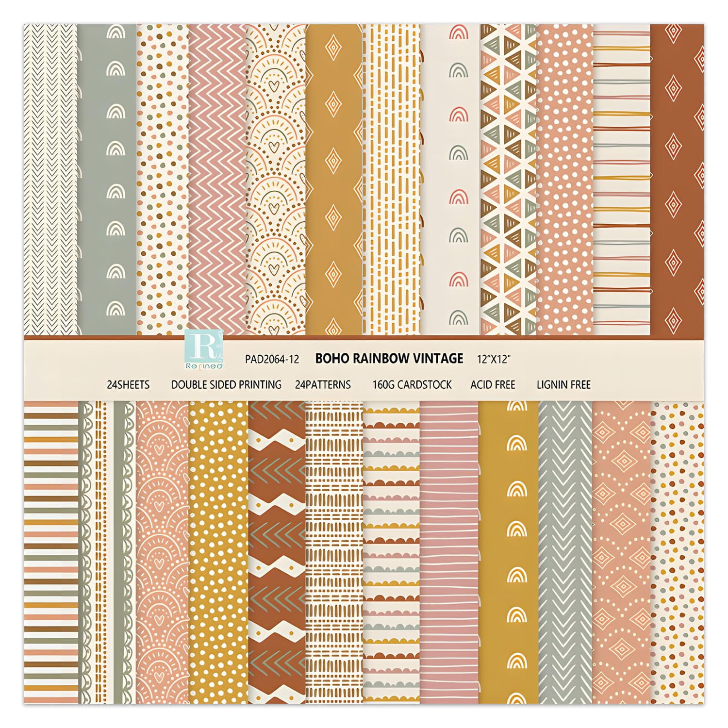 Whaline Rainbow Pattern Paper Pack – 24 Sheets, 12 Double-Sided Designs, 11.8x11.8" For Scrapbooking, Cards, DIY Crafts