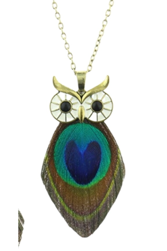 Boho Peacock Feather Owl Necklace and Earrings Set | Unique Gift