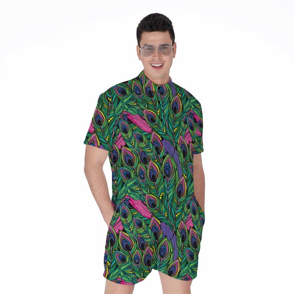 Boho Peacock Feather Pattern Short Sleeve Men'S Rompers, Peacock Casual Summer Jumpsuits Outfit