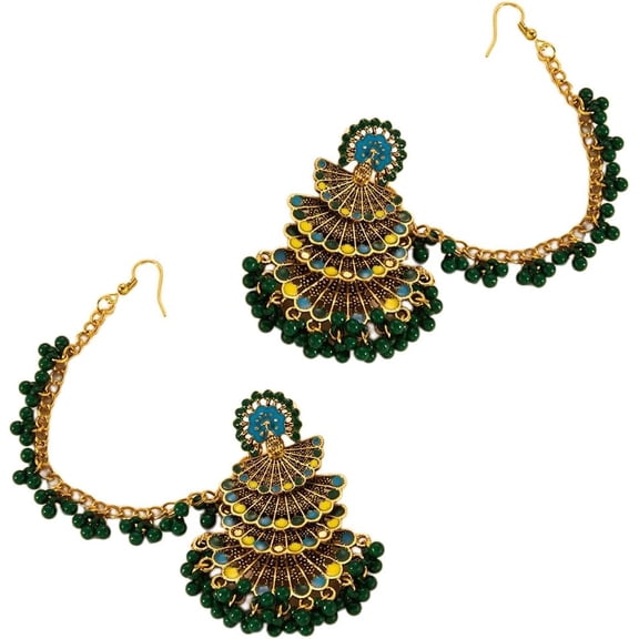 Boho Peacock Indian Earring for Women Gold Plated Green Beaded Boho Tassel Dangle Earring Drop Chandelier Traditional Ethnic Gypsy Jewelry Fashion Bollywood Party Diwali Jhumka Festival Bridal