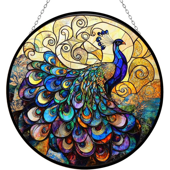 Boho Peacock with Radiant Tail Feathers Stained Glass Window Hanging Suncatcher Glass Panel with Metal Chain Sun Catchers Wall Art Home Decor Gift for Women Mother's Day