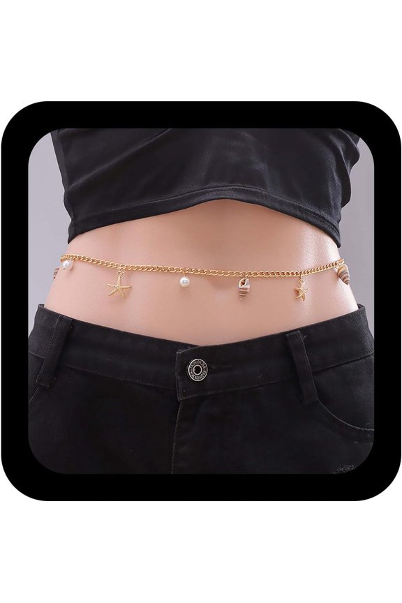 Boho Pearl Conch Waist Chain Conch Starfish Belly Chain Gold Belt Summer Beach Bikini Body Chains Ocean Trinkets Waist Body Jewelry Bikini Accessory for Women