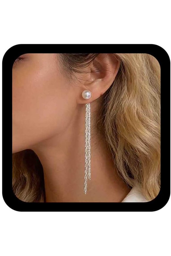 Boho Pearl Ear Jacket Earring Silver Pearl Stud Earring Long Pearls Chain Tassel Earrings Sparkling Chain Earrings Wedding Bridal Jewelry for Women