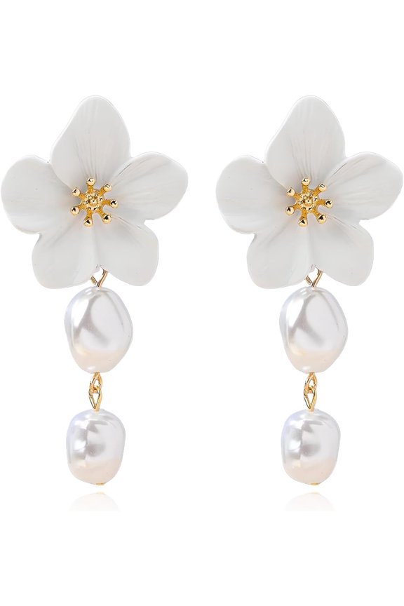 Boho Pearl Flower Drop Earrings for Women, White Pink Floral Statement Dangle Earrings, Lightweight Spring Summer Fashion Jewelry Gift