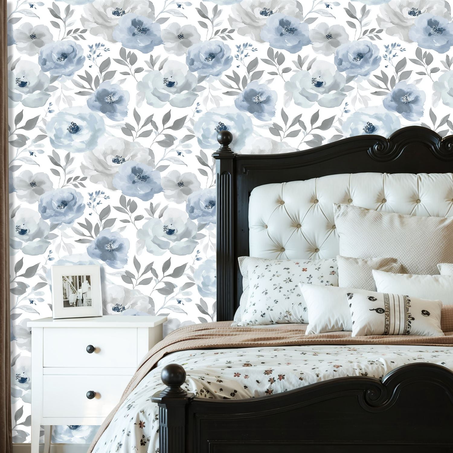 Boho Peel and Stick Wallpaper Blue Gray Floral Watercolor Peonies Leaves Contact Paper 23.6in x 9.8ft Wallpaper Removable Self Adhesive Wall Paper for Bedroom Nursery