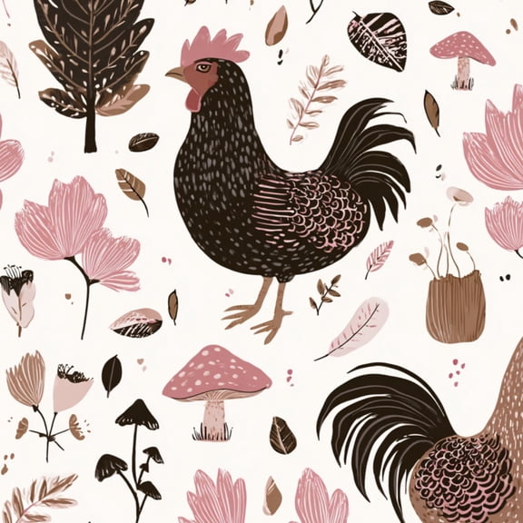 Boho Peel and Stick Wallpaper Charming Roosters Pink Flowers Mushrooms Wall Mural 23.6in x 9.8ft Self Adhesive Removable Wall Paper Renter Friendly Wallpaper for Bathroom Kitchen Kids Bedroom