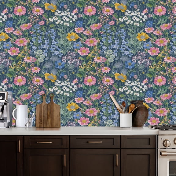 Boho Peel and Stick Wallpaper Colorful Floral Garden Pink Blue Yellow Blooms Contact Paper 17.7in x 9.8ft Wallpaper Removable Self Adhesive Wall Paper for Bedroom Nursery