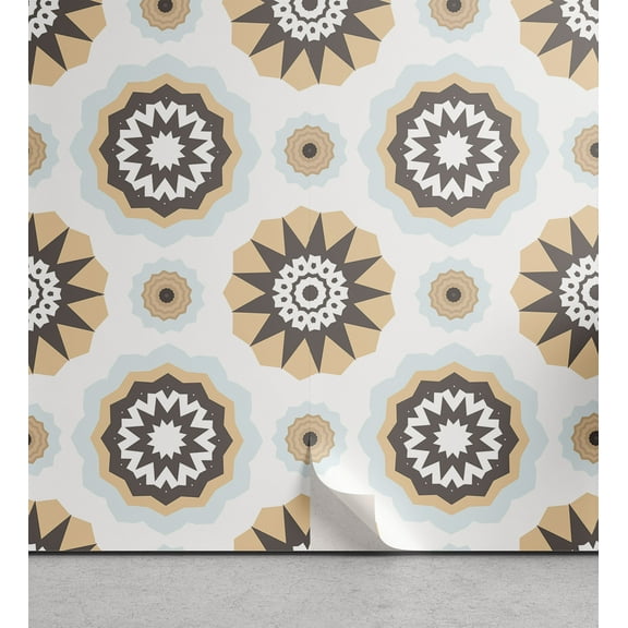 Boho Peel & Stick Wallpaper, Ethnic Mandala Motif in Moroccan and Effect Geometric Yoga Folk Art, Self-Adhesive Living Room Kitchen Accent, 3 Sizes, Pale Blue Peach Taupe, by Ambesonne
