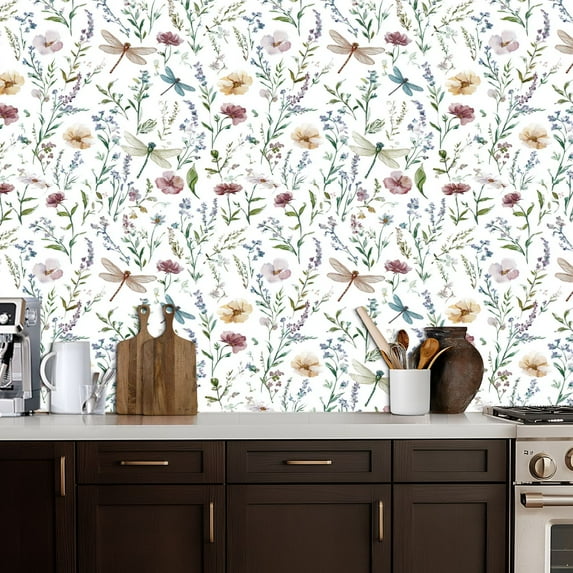 Boho Peel and Stick Wallpaper Floral Dragonfly Watercolor Wildflowers Botanical Elements Contact Paper 17.7in x 9.8ft Wallpaper Removable Self Adhesive Wall Paper for Bedroom Nursery