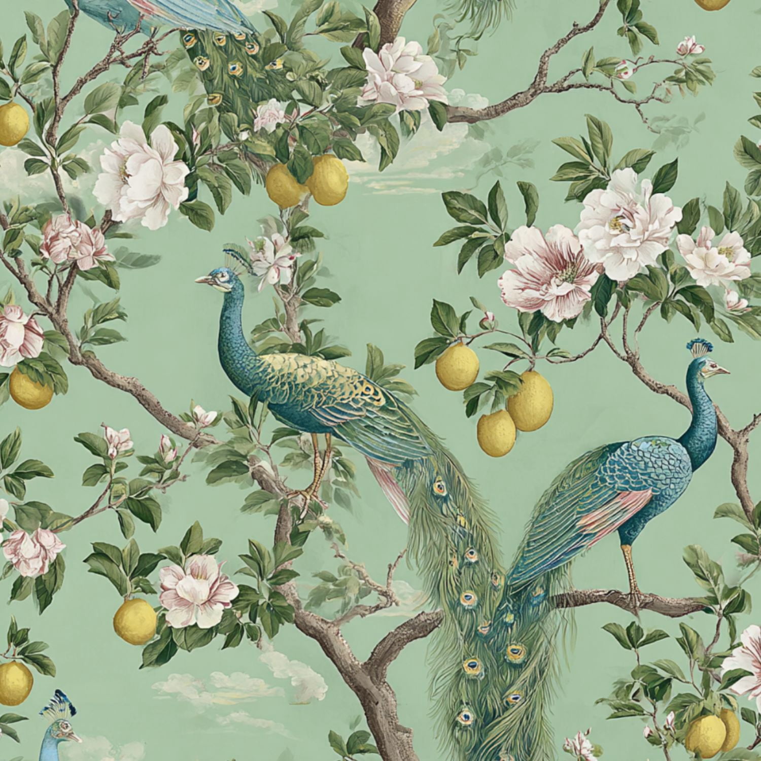 Boho Peel and Stick Wallpaper Peacock Floral Lemons Green Wall Mural 17.7in x 9.8ft Self Adhesive Removable Wall Paper Renter Friendly Wallpaper for Bedroom Kitchen Farm