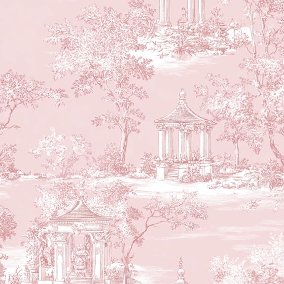Boho Peel and Stick Wallpaper Pink Toile Pastoral Classical Pavilions Trees Wall Mural 17.7in x 9.8ft Self Adhesive Removable Wall Paper Renter Friendly Wallpaper for Bedroom Kitchen Farm