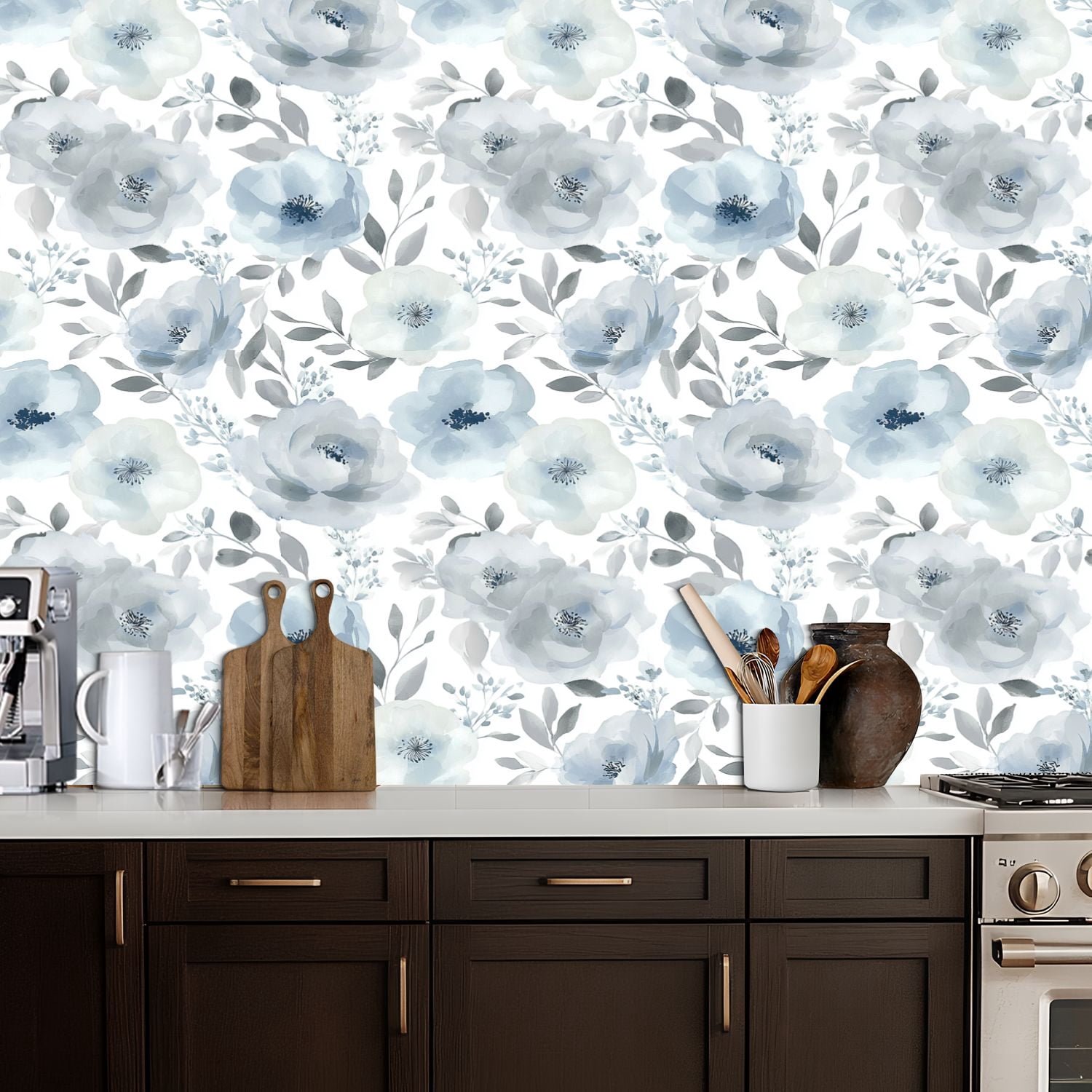 Boho Peel and Stick Wallpaper Watercolor Floral Shades Blue Grey Leaves Contact Paper 17.7in x 9.8ft Wallpaper Removable Self Adhesive Wall Paper for Bedroom Nursery