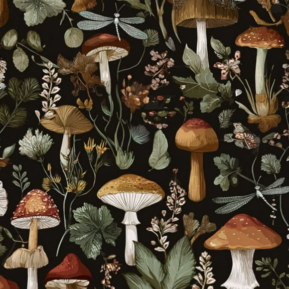Boho Peel and Stick Wallpaper Whimsical Mushroom Floral Botanical Dragonflies Dark Contact Paper 17.7in x 9.8ft Wallpaper Removable Self Adhesive Wall Paper for Bedroom