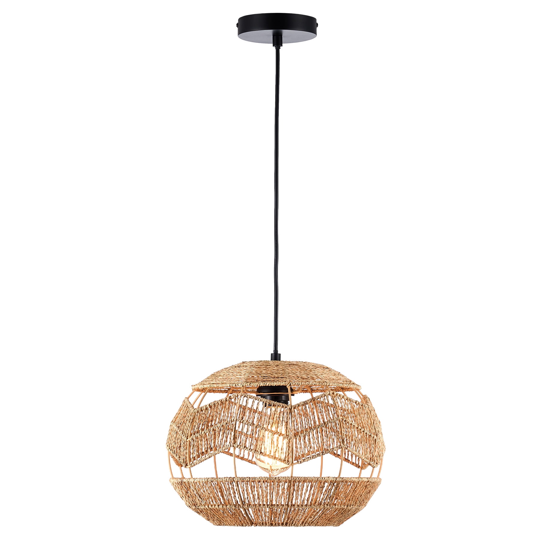 Boho Pendant Light Fixture with 13" Ball Rattan Shade and Adjustable 59" Hanging Cord, Light Brown
