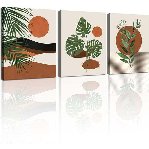 Boho Picture Wall Art Geometric Canvas Bohemia Boho Paintings Sunrise Plant Orange Beige Artwork for Living Room Bedroom 12"x16"x3 Panel