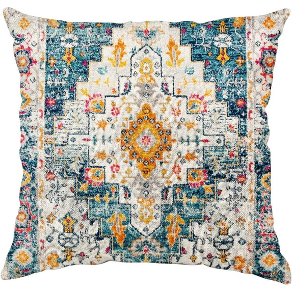 Boho Pillow Cover 18x18 Vintage Throw Pillow Covers Bohemian Antique Ethnic Decorative Pillow Cases Home Decor Square Linen Pillowcase, Green Geometry