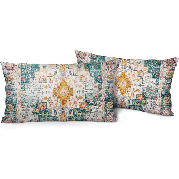 Boho Pillow Covers 12"x20" Set of 2 Vintage Carpet Green Bohemian Throw Pillow Case Soft Rectangle Decorative Pillowcases for Home Decor Sofa Car Living Room
