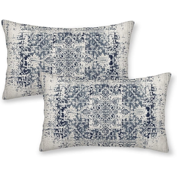 Boho Pillow Covers 12x20, Blue and White Ethnic Design Outdoor Decorative Throw Pillows for Couch, Carpet Pattern Decor Cushion Cover 2 Pcs Farmhouse Linen Pillowcase for Bed Car Safa