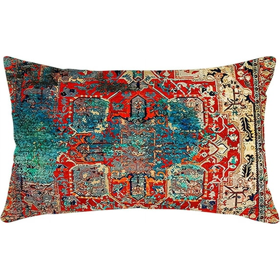 Boho Pillow Covers 12x20 Inch, Persian Red Blue Vintage Throw Pillow Cover Antique Ethnic Decorative Red Blue Pillow Cases Home Decor Linen Pillowcase