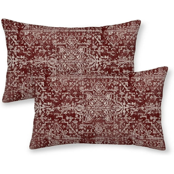 Boho Pillow Covers 12x20 Set of 2, Burgandy Red Carpet Pattern Decorative Throw Pillows Linen Ethnic Design Bohemian Farmhouse Cushion Pillow Covers for Sofa Couch Outdoor Decor