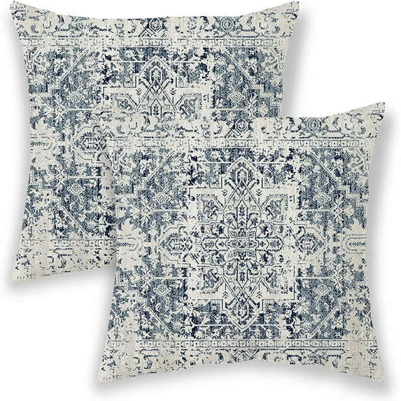 Boho Pillow Covers 16x16, Blue and White Ethnic Design Outdoor Decorative Throw Pillows for Couch, Carpet Pattern Decor Cushion Cover 2 Pcs Farmhouse Linen Pillowcase for Bed Car Safa