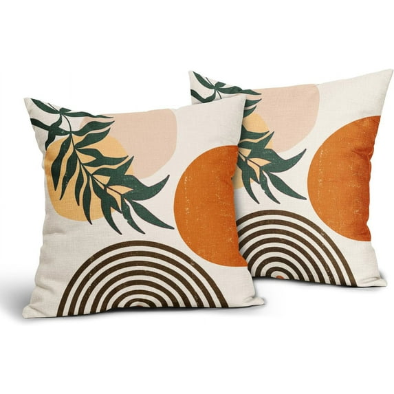 Boho Pillow Covers 16x16 Inch Burnt Orange Throw Pillow Covers Beige Bohemian Green Leaves Decorative Outdoors Pillowcase Square Linen Cushion Covers for Couch Sofa Bedroom Home (Pack of 2)