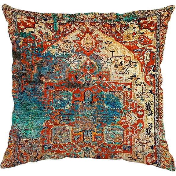 Boho Pillow Covers 16x16 Inch, Persian Red Blue Vintage Throw Pillow Cover Antique Ethnic Decorative Red Blue Pillow Cases Home Decor Square Linen Pillowcase