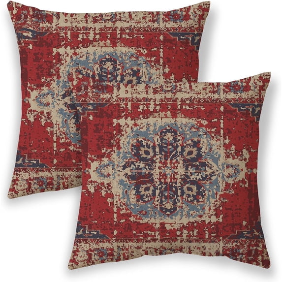 Boho Pillow Covers 16x16, Red Ethnic Design Outdoor Decorative Throw Pillows for Couch, Carpet Pattern Decor Cushion Cover 2 Pcs Farmhouse Linen Pillowcase for Bed Car Safa