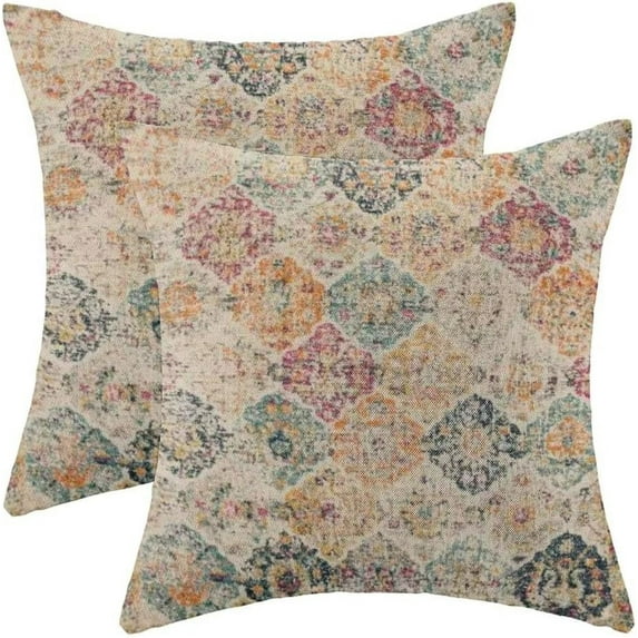 Boho Pillow Covers 16x16 Set of 2 Bohemian Chic Floral Medallion Trellis Decorative Throw Pillow Outdoor Linen Square Colorful Carpet Ethnic Pattern Cushion Cover Decor for Home Couch Sofa