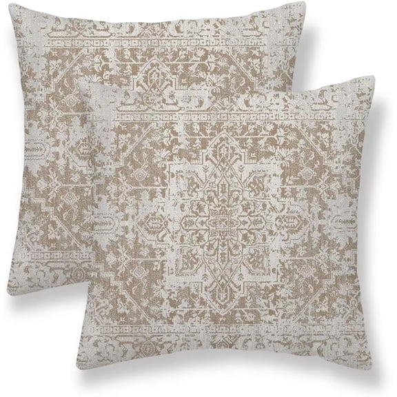 Boho Pillow Covers 16x16 Set of 2, Brown Beige Carpet Pattern Outdoor Decorative Throw Pillows Ethnic Rustic Farmhouse Cushion Cases Linen Gifts for Couch Sofa Decor