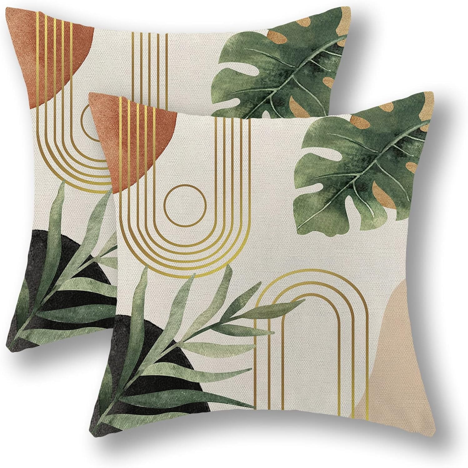 Boho Pillow Covers 16x16 Set of 2, Green Leaf Mid Century Farmhouse Decorations Throw Pillow Covers Modern Tropical Bohemian Outdoor Decorative Linen Cushion Case for Couch Sofa Home