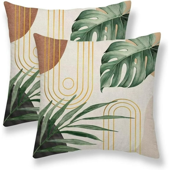 Boho Pillow Covers 16x16 Set of 2, Mid Century Abstract Bohemian Leaves Decorative Outdoor Throw Pillow Covers Summer Outdoor Modern Cushion Case Linen Square Decor for Home Couch Sofa