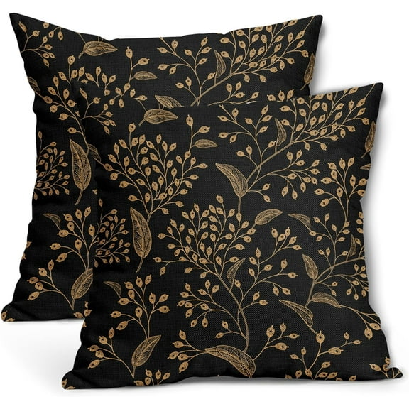 Boho Pillow Covers 18X18 Inch Set of 2 Black Gold Floral Leaves Decorative Pillow Cases Vintage Flower Leaf Cushion Case Farmhouse Home Decor for Sofa Couch Porch Outdoor