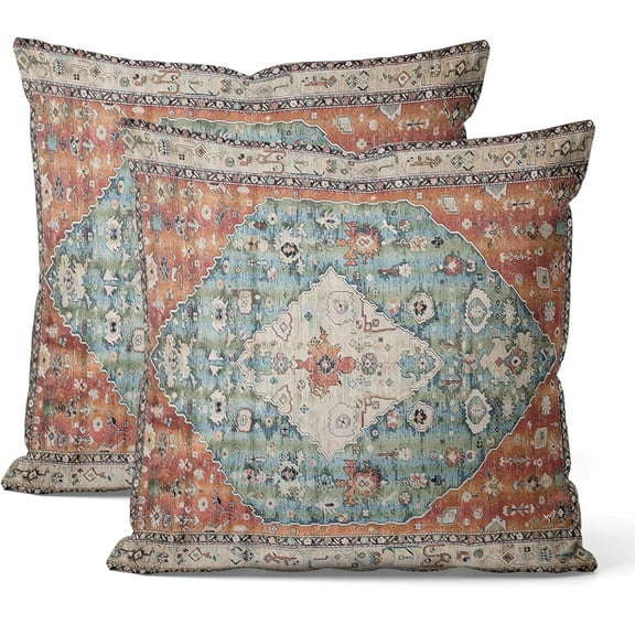 Boho Pillow Covers 18X18 Inch Set of 2 Ethnic Carpet Pattern Design Outdoor Decorative Throw Pillow Case Square Cotton Linen Vintage Tribal Cushion Cover for Home Couch Sofa Bedroom, Rust/Dull Teal