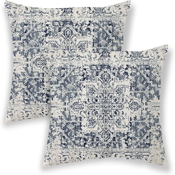 Boho Pillow Covers 18x18, Blue and White Ethnic Design Outdoor Decorative Throw Pillows for Couch, Carpet Pattern Decor Cushion Cover 2 Pcs Farmhouse Linen Pillowcase for Bed Car Safa
